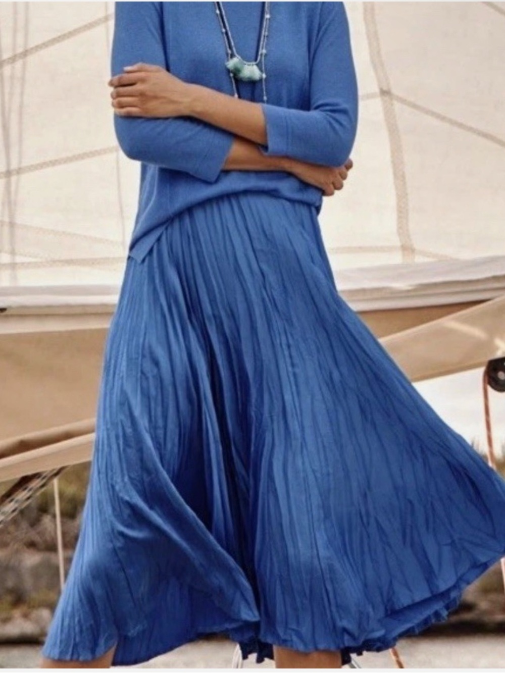 J. Jill Cyan Blue Pleated Crinkle Pleated Midi Skirt A-line Flare Womens Size L